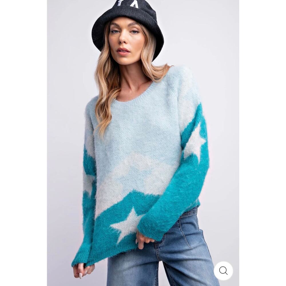 easel Blue & Teal Star Crewneck Sweater